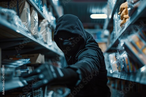 A person wearing a black hoodie inside a store. Suitable for retail and security concepts