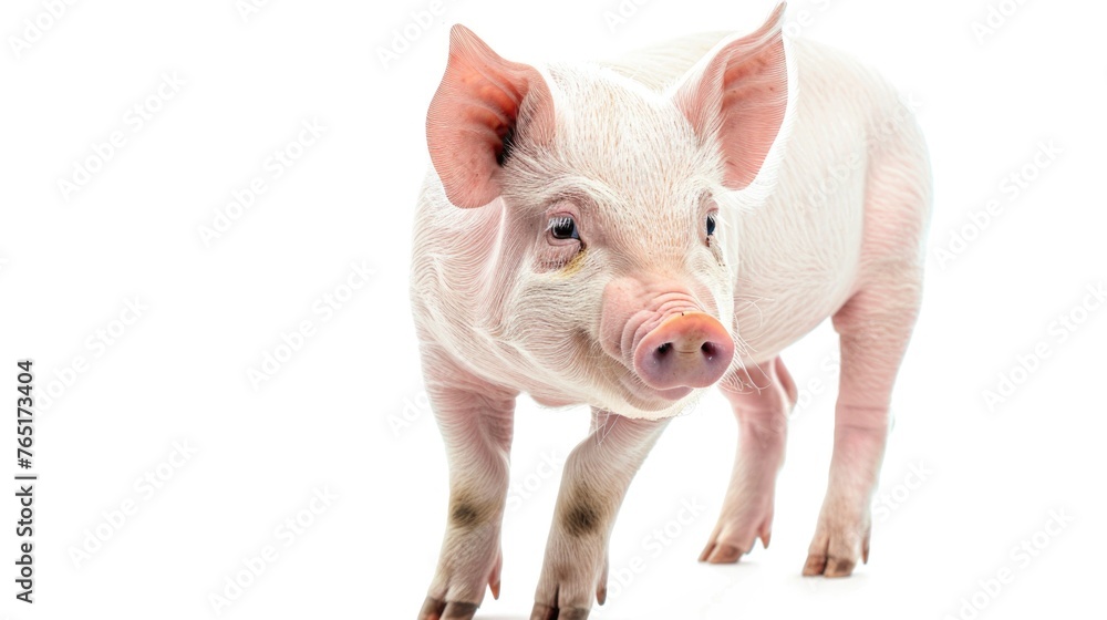 A cute small pig standing on a white surface, suitable for various projects A cute small pig standing on a white surface, suitable for various projects