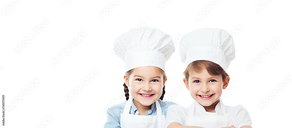 Two little girls wearing chefs hats are standing together and smiling while preparing to be photographed Two little girls wearing chefs hats are standing together and smiling while preparing to be photographed