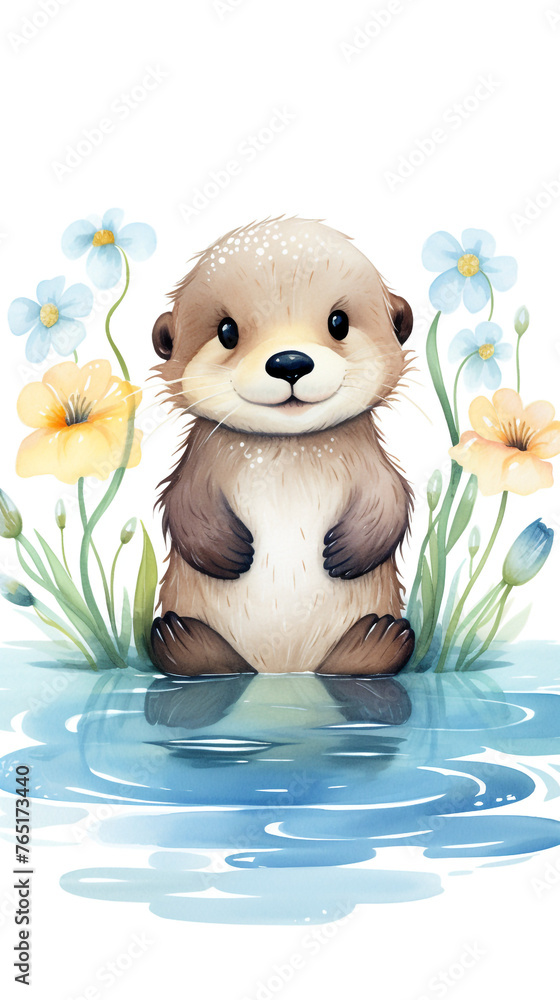 most cute handly drawn boho sea otter illustration sorrounded by water lilies сreated with Generative Ai most cute handly drawn boho sea otter illustration sorrounded by water lilies сreated with Generative Ai