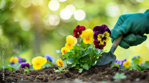 A gloved hand is planting vibrant pansies in the garden soil.