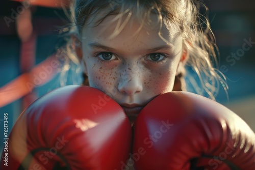 A young girl wearing red boxing gloves. Perfect for sports and fitness designs