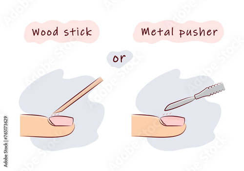 the best way to push back the cuticle wood orange stick or metal cuticle pusher vector illustration