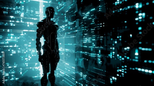In a futuristic scene, a glowing blue female cyborg AI is depicted standing in front of a binary code wall, representing the future of technology, artificial intelligence, and digital life. © Helen-HD