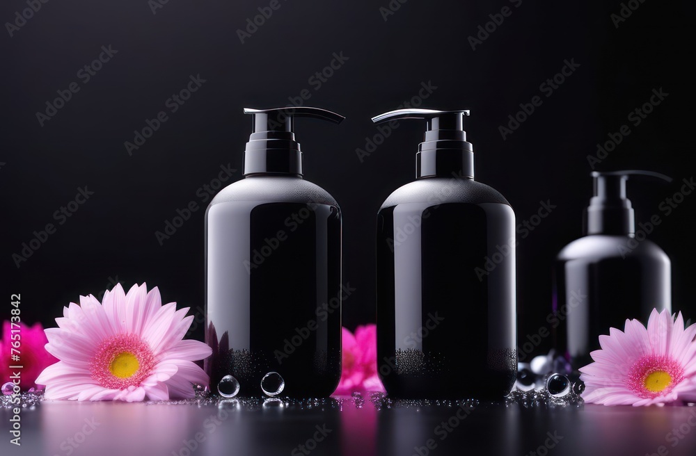 black jars and bottles for shampoo with water drops without inscriptions for skin care on a black background with flowers in backlight with space for text black jars and bottles for shampoo with water drops without inscriptions for skin care on a black background with flowers in backlight with space for text