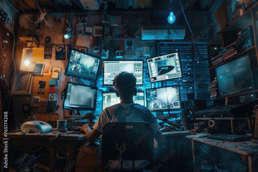 A man sitting at a desk with several computer monitors. Perfect for technology or office related projects A man sitting at a desk with several computer monitors. Perfect for technology or office related projects