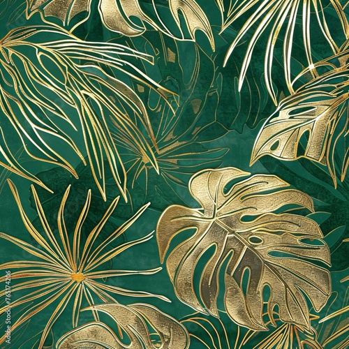 Luxury golden art deco wallpaper featuring a nature-inspired floral pattern with golden split-leaf Philodendron and monstera plant line art on an emerald background