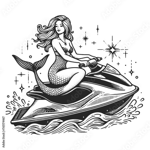 mermaid with flowing hair riding a jet ski over ocean waves sketch engraving generative ai fictional character vector illustration. Scratch board imitation. Black and white image.