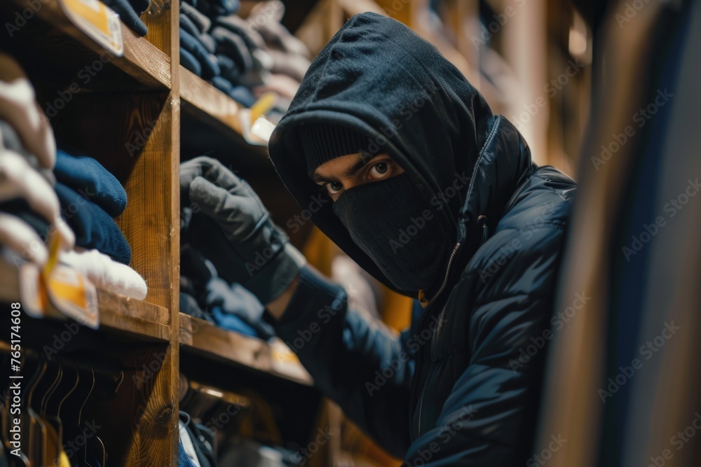 Person in a black hoodie browsing through clothes on a shelf. Suitable for retail and fashion concepts Person in a black hoodie browsing through clothes on a shelf. Suitable for retail and fashion concepts