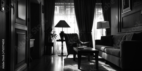 Black and white photo of a stylish living room, suitable for interior design concepts