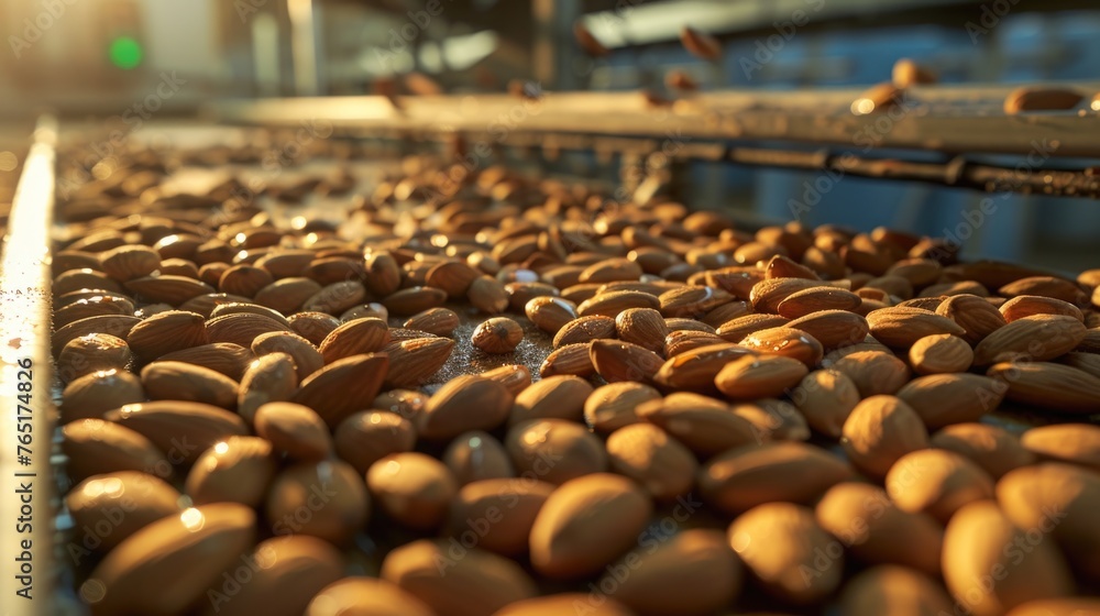 Fototapeta premium A conveyor belt filled with nuts, suitable for industrial or manufacturing concepts