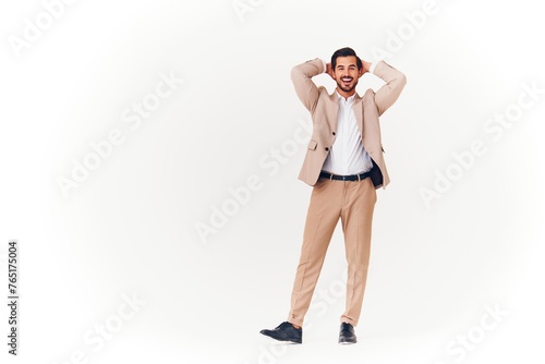 business man suit beige victory winner businessman smiling happy person running