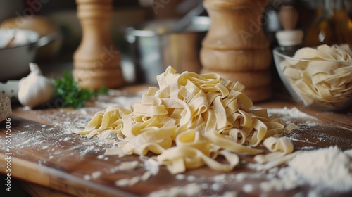 A pile of pasta on a rustic wooden cutting board. Ideal for food and cooking concepts