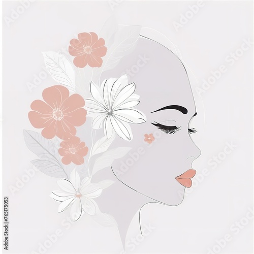 Abstract female face in one line. Woman face with flowers Surreal Line art female floral girl. Minimalism Abstract modern Continuous single line woman face portrait 