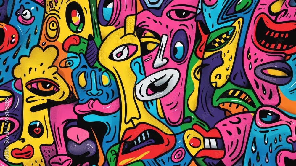 A group of colorful cartoon faces on a wall. Perfect for adding a fun touch to any project A group of colorful cartoon faces on a wall. Perfect for adding a fun touch to any project