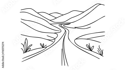 Rural landscape continuous one line vector drawing. Hills, house, trees and road hand drawn silhouette. Country nature panoramic sketch.