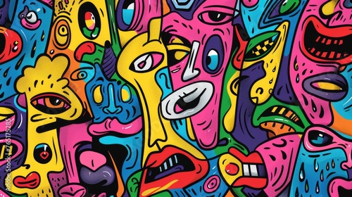 A group of colorful cartoon faces on a wall. Perfect for adding a fun touch to any project