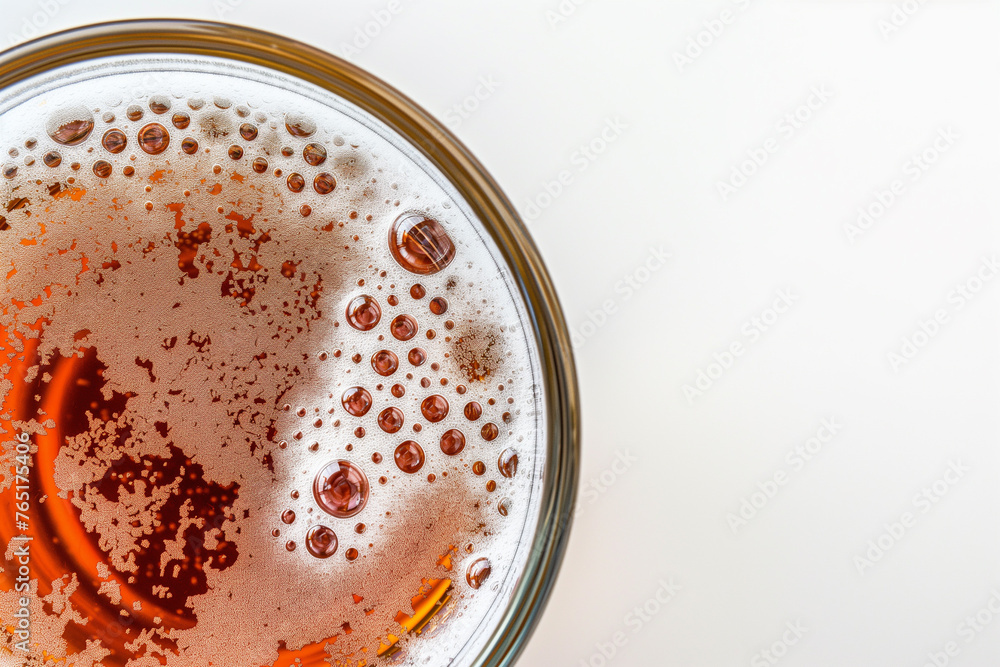A close-up of a glass of beer on a white surface. The beer has a foam and small bubbles. The glass is round and clear with a brown rim. A close-up of a glass of beer on a white surface. The beer has a foam and small bubbles. The glass is round and clear with a brown rim.