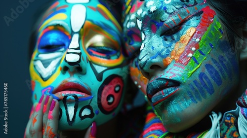 A couple of people with face paint on their faces. Suitable for events and festivals