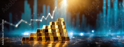 Pyramid of Gold Ingots with Rising Graph on stock market. Illuminated golden bricks in front of a growing chart. Panorama with copy space.