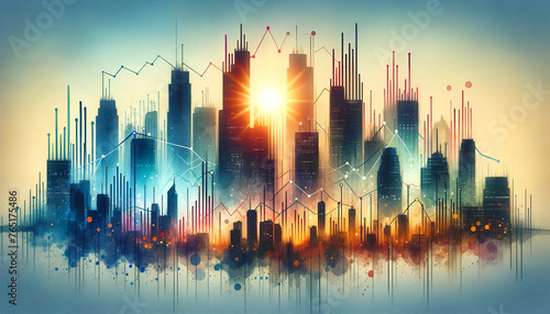 A watercolor-inspired cityscape seamlessly integrates with statistical data analysis, symbolizing the pulse of urban life and Big Data insights.