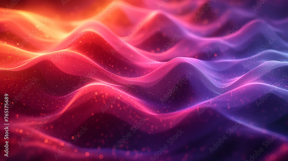 Abstract space design with waves of pink and purple tones on a dark base, incorporating glowing particles
