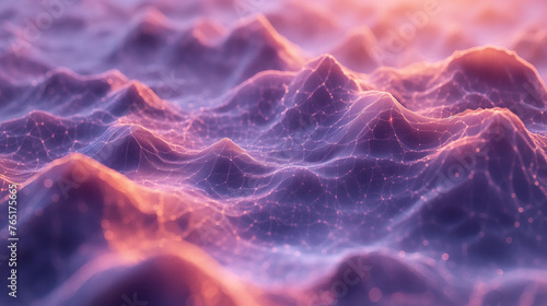 Pink and purple toned wave pattern on a dark space-themed backdrop, enhanced with digital elements and glowing particles