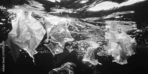 Plastic bags floating in water, environmental pollution concept. Suitable for eco-friendly and conservation themes