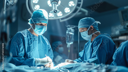 A surgical team is intensely focused on a procedure under an operating light in an operating room.