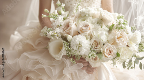 A close-up of a bride holding a floral bouquet with roses and greenery.