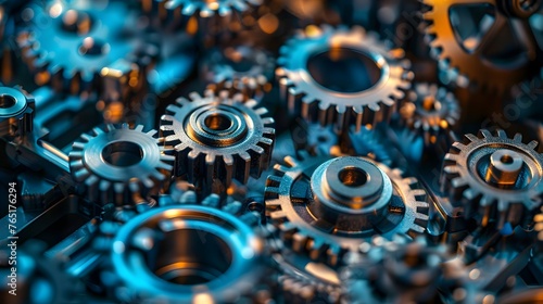 Close-up of Bronze and Blue Gears, Concept of industrial technology, machinery and engineering design