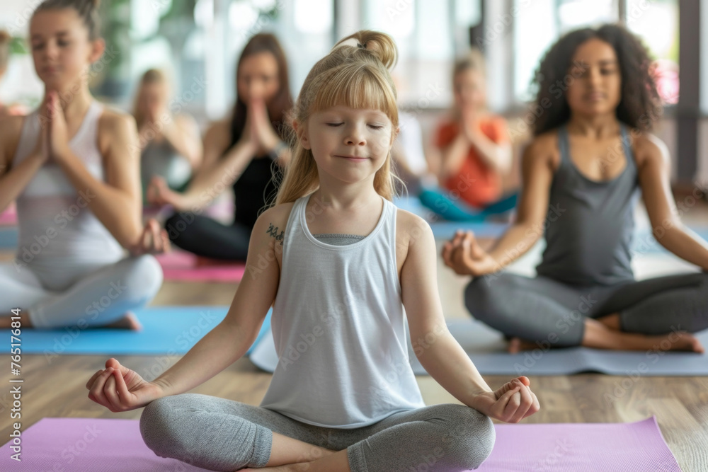 A group of people, including children and adults, participating in a yoga class, practicing poses on mats. It indicates a family-friendly exercise setting promoting health and wellness A group of people, including children and adults, participating in a yoga class, practicing poses on mats. It indicates a family-friendly exercise setting promoting health and wellness