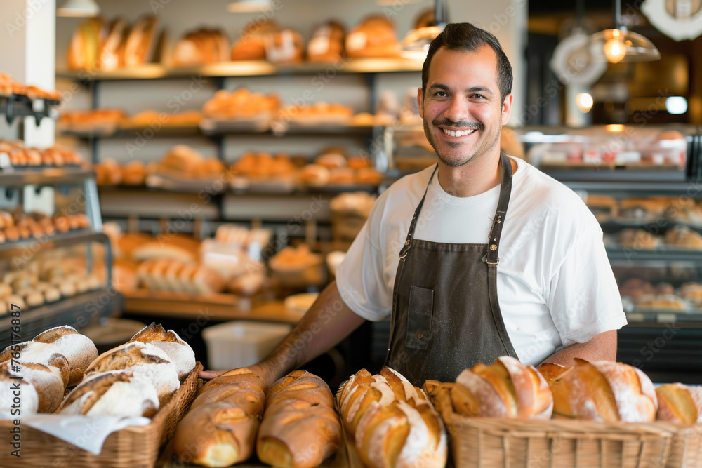 A smiling man, likely a baker or salesperson, standing in a bakery with an array of fresh bread and pastries on display, suggesting a warm, welcoming small business environment