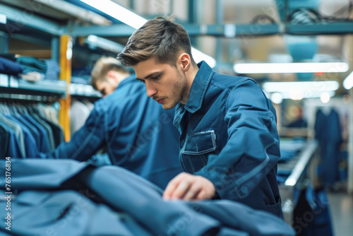 A man, dressed in a blue uniform, attentively inspecting or preparing clothes in a dry cleaning facility, with another employee in the background. This represents the garment care and service industry