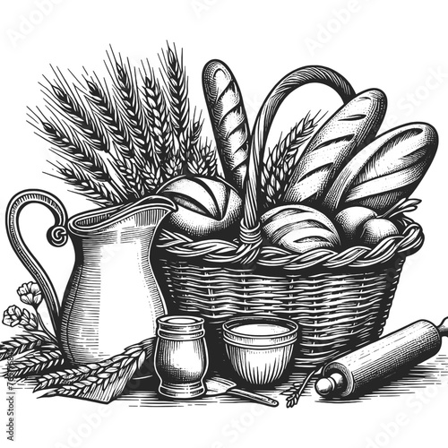 rustic bread basket filled with various loaves accompanied by a pitcher of milk and sheaves of wheat sketch engraving generative ai vector illustration. Scratch board imitation. Black and white image.