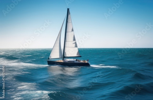 sailboat in the ocean overlooking the shore © Kateryna