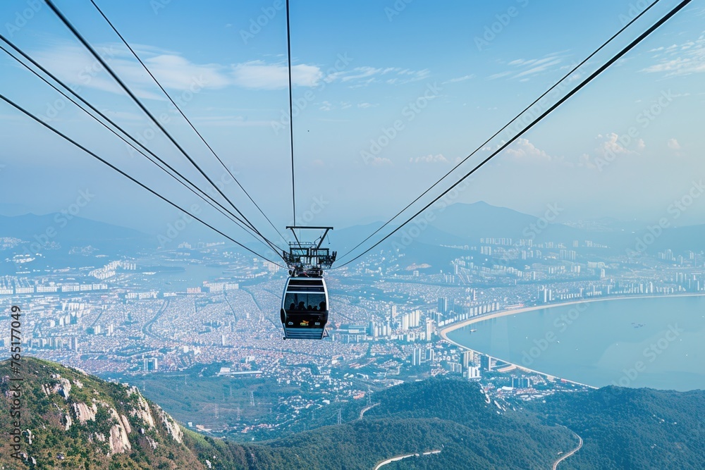 An image depicts a cable car with passengers, set against an expansive view of a city below and the sea in the distance, likely a form of tourism or transport in a hilly or mountainous region