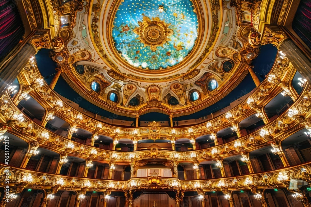Obraz premium The interior of the Gran Teatre del Liceu, a famous opera house in Barcelona, Spain, showcasing its luxurious design and the opulent architecture that characterizes such cultural venues