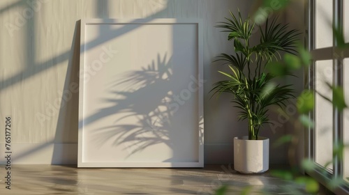 A tranquil space highlighted by the shadow of a palm on an empty picture frame