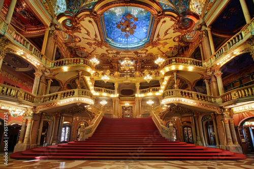 The interior of the Gran Teatre del Liceu  a famous opera house in Barcelona  Spain  showcasing its luxurious design and the opulent architecture that characterizes such cultural venues