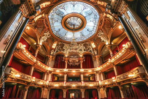The interior of the Gran Teatre del Liceu  a famous opera house in Barcelona  Spain  showcasing its luxurious design and the opulent architecture that characterizes such cultural venues