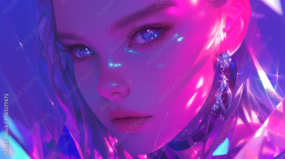 A woman showcasing purple hair, luminous blue sparkling eyes, intricate earrings, and accentuated by pink and purple lighting. A woman showcasing purple hair, luminous blue sparkling eyes, intricate earrings, and accentuated by pink and purple lighting.
