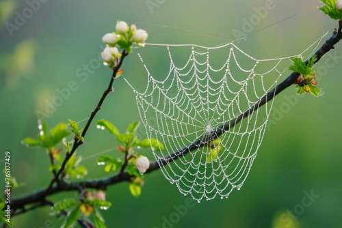 A spiderweb glistens with dew against a backdrop of budding white flowers and fresh greenery in the early spring morning