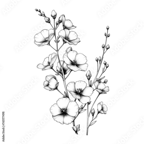rapeseed flower tattoo and plant branch leaf sketch line art engraving generative ai vector illustration. Scratch board imitation. Black and white image. T-shirt apparel design