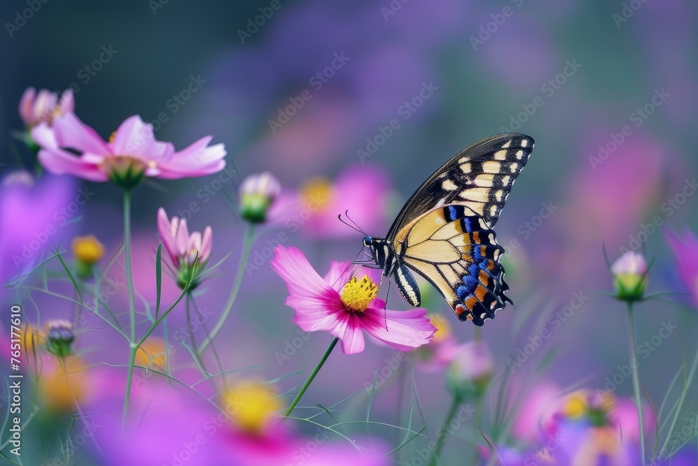 Butterfly flowers. Spring leaf grass. Generate AI Butterfly flowers. Spring leaf grass. Generate AI