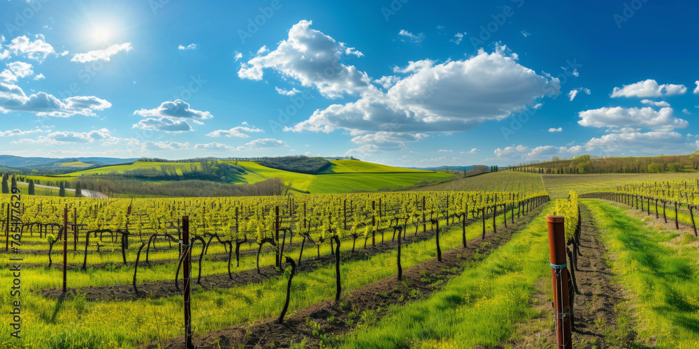Lush vineyard lines carve through the verdant landscape under a dramatic sky with streaked clouds, evoking freshness and growth