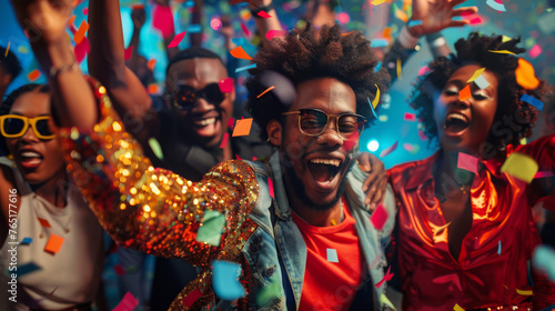 Four friends are celebrating with arms raised amidst a shower of confetti.