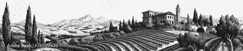 serene Tuscan landscape featuring villa vineyards with mountains in the backdrop sketch engraving generative ai vector illustration. Scratch board imitation. Black and white image.