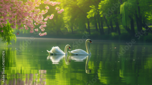 Two swans drift beneath a canopy of pink blossoms on a tranquil green-hued lake bathed in soft sunlight