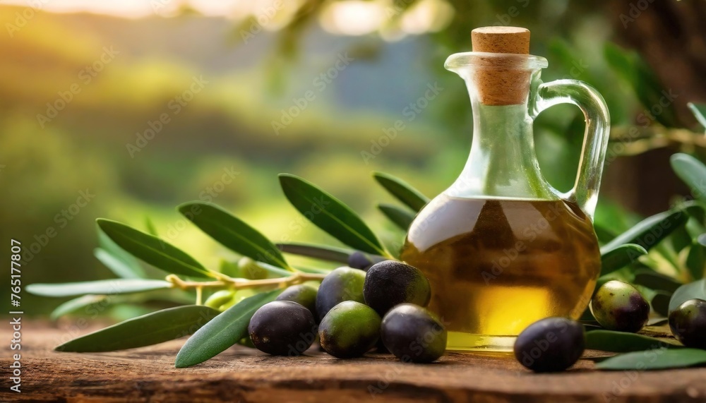 Glass jug with golden extra virgin olive oil, flanked by olives and leaves on wooden surface in natural background. Sun-kissed and inviting advertising of organic food. Glass jug with golden extra virgin olive oil, flanked by olives and leaves on wooden surface in natural background. Sun-kissed and inviting advertising of organic food.